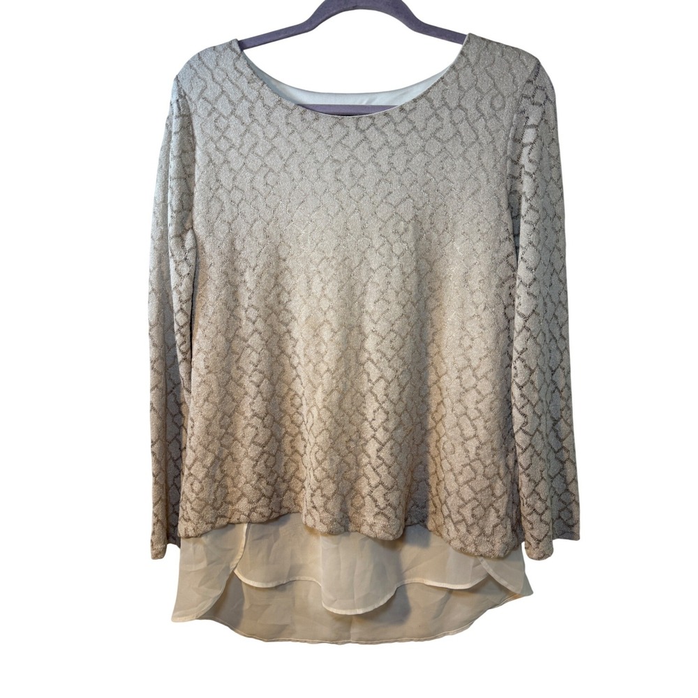 IN Studio‎ Womens Large Beige Metallic Diamond Knit Layered Chiffon Hem Top